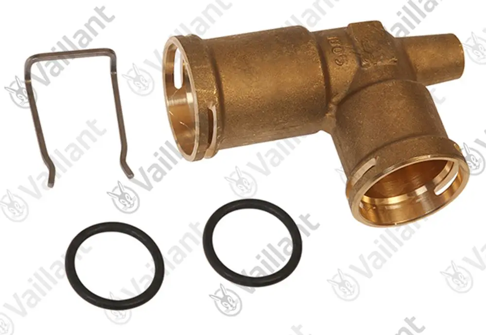 Vaillant T-Stück aus Messing mit zwei O-Ringen und einem Halteclip, geeignet für Rohrverbindungen in Heizungsanlagen.